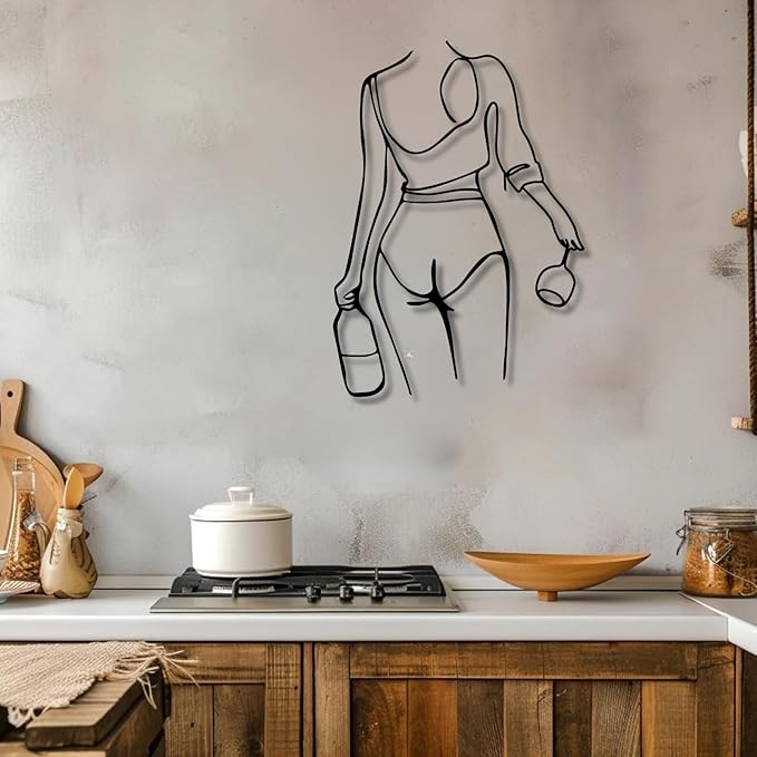 Metal Wall Art Woman Drinking Wine, Modern Minimalist Abstract Line Sculpture, Feminine Wall Decor for Living Room, Dining Room, Bar, Kitchen, Perfect Wine Lover Birthday Housewarming Gift – Black 30.3"x21.7"