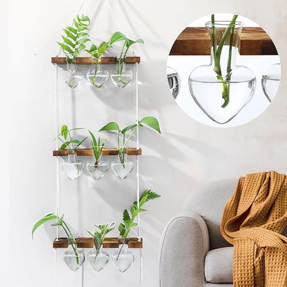 Leinuosen Wall Hanging Plant Propagation Stations 3 Tiered Planter Terrarium with Wooden Stand Home Decor Valentines Gifts for Her Hydroponics Plant Lovers - 9 Glass Vases(Heart Shaped,Clear)