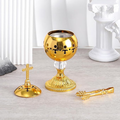 Zonon Catholic Incense Burner with Tong Charcoal Polished Metal Brass Censer Holder Christian Church Censer Burner Holder Cones Cross 7. 9" Aromatherapy Fragrance Ornament(Gold)