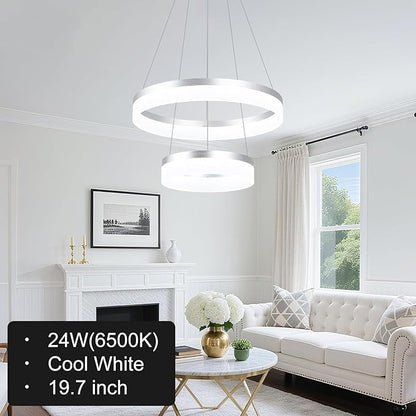 Buccleuch 2-Ring Modern LED Chandelier - Dimmable Silver Round Pendant Light, Height Adjustable ETL-Certified Ceiling Light for Dining Room, Kitchen Island, Living Room, Bedroom, Foyer