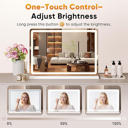 DUMOS 22"x32" LED Vanity Mirror with Lights, Dimmable 3 Color Modes Makeup Mirror with Memory Function, USB Charging, Aluminum Frame, Lighted Mirror for Desk or Bedroom