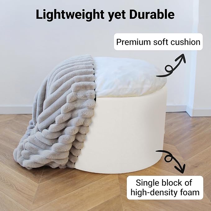 Luxury Round Stuffed Floor Poufs Ottoman, Stripe Faux Fur Footrest with Dual Layer Comfort, Removable Washable Cover, 20"x15" Plush Pouf Shaggy Stool for Living Room Bedroom, Gray