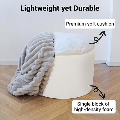 Luxury Round Stuffed Floor Poufs Ottoman, Stripe Faux Fur Footrest with Dual Layer Comfort, Removable Washable Cover, 20"x15" Plush Pouf Shaggy Stool for Living Room Bedroom, Gray