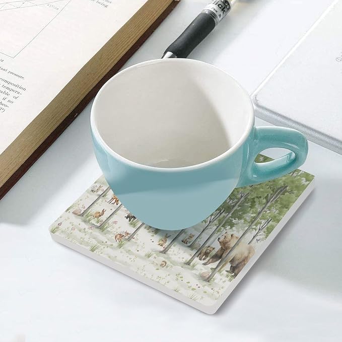 Square-4PCS Forest Ceramic Coasters, Square Absorbent Drink Coasters, Cartoon Forest Nature Animal Bear, Deer, Fox, Rabbit Style Ceramic Table Coasters for Coffee, Beverage, Wine, Beer Coasters