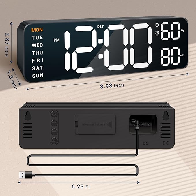 10" Digital Wall Clock: Dual Alarm Wall Mount Decor Clock for Living Room Classroom Office Desk, House Warming Gifts New Home Decor, Christmas Gift for Mom Dad Seniors Teen White