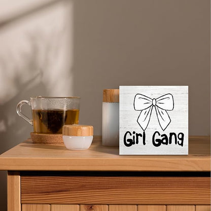 Coquette Trendy Bow Wood Box Sign Desk Decor, Preppy Girl Gang Decor, Girly Balletcore Wooden Block Sign Decorations for Home Girly Bedroom College Dorm Living Room Wall Tabletop Shelf Decor