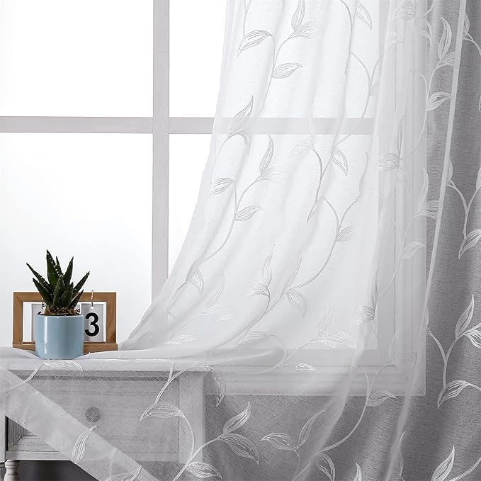 VISIONTEX White Sheer Curtains 120 Inches Long 2 Panels Set Embroidered Floral Leaf Pattern Rod Pocket Semi Sheer Voile Window Curtains/Drapes for Bedroom Living Room 54 x 120 Inches