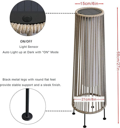 TRIROCKS Outdoor Floor Lamp 2 Piece Solar Powered Lantern Wicker Solar Patio Lamp with Olifen Rope Waterproof Rattan Outside Solar Deck Light for Patio Garden Lawn Yard (Grey)