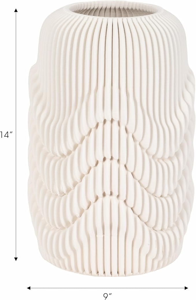 Ceramic Vase for Office and Room Decor – 3D Printed Ribbed Elegant Flower Vase for Bedroom, Table, and House Setting – Minimalist Accent for Home and Living Room Decor – Ivory (14 Inch)