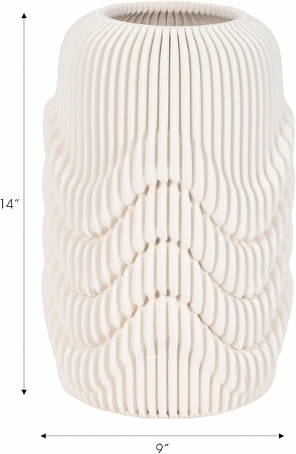 Ceramic Vase for Office and Room Decor – 3D Printed Ribbed Elegant Flower Vase for Bedroom, Table, and House Setting – Minimalist Accent for Home and Living Room Decor – Ivory (14 Inch)
