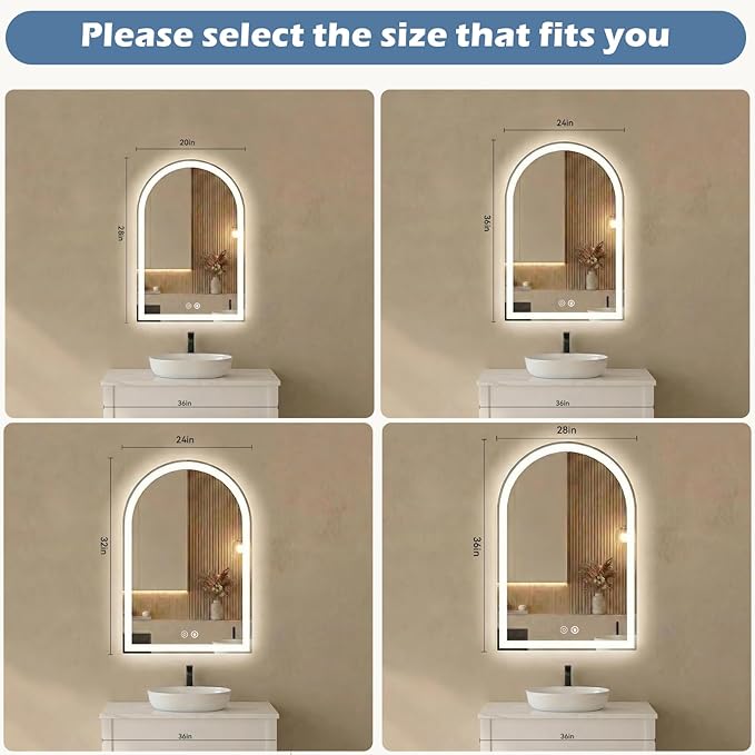 Sweetcrispy 24"×32" LED Bathroom Mirror with Lights, Arched Vanity Mirror with Anti-Fog, Dimmable, 3-Color Light, Memory Function, Tempered Glass