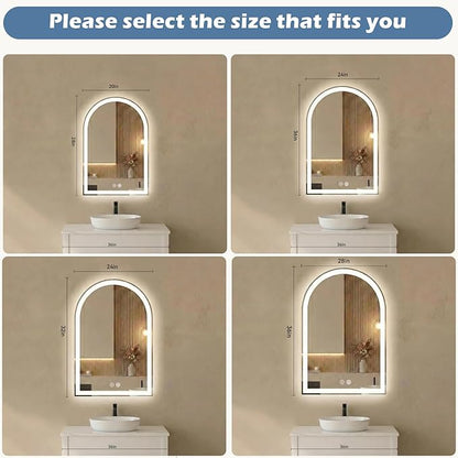 Sweetcrispy 20"×28" LED Bathroom Mirror with Lights, Arched Vanity Mirror with Anti-Fog, Dimmable, 3-Color Light, Memory Function, Tempered Glass