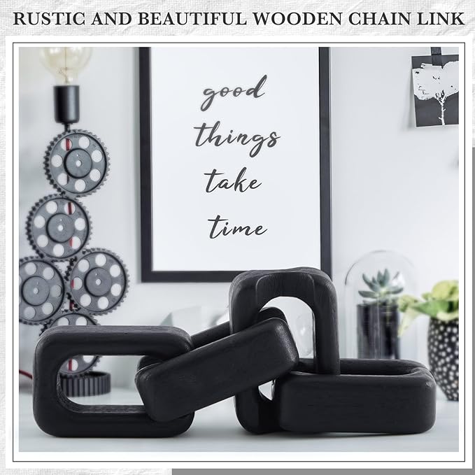 Bucherry 4 Link Wood Knot Decor - Modern Coffee Table Decoration Black Chain Decor Rustic Objects for Bookshelf Home Living Room Bedroom