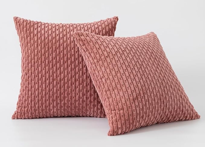Kevin Textile Throw Pillow Covers Soft Corduroy Decorative Set of 2 Boho Striped Pillow Covers Pillowcases Valentines Day Farmhouse Home Decor for Couch Bed Sofa Living Room 18x18 Inch Blush Pink
