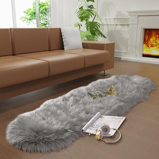 Faux Fur Rug for Bedroom, Gray Fluffy Rug Soft Sheepskin Runner Rug Sofa Couch Seat Cushion, 2x6ft Grey Plush Area Shag Rugs Floor Carpets for Nursery Bedside, Cute Shaggy Fuzzy Home Decor