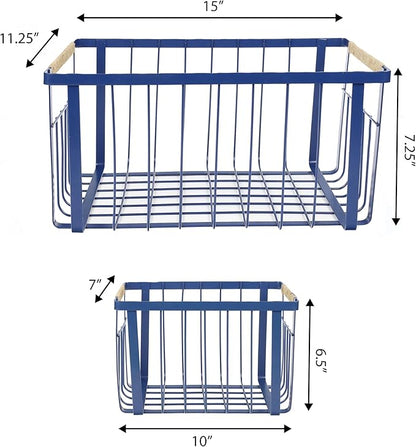 happimess BSK3003D-3SET Henley Vintage Farmhouse Wire Metal Nesting Storage Baskets with Jute Wrapped Handles for Shelves, Cabinets, Pantry, Countertop, Mesh Open Bin Basket, Navy (Set of 3)
