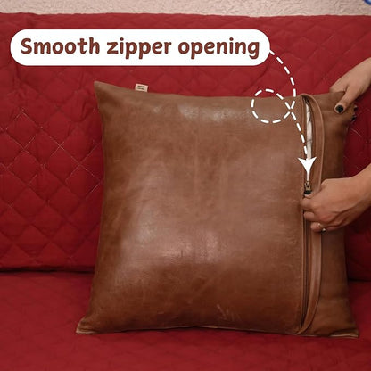 Lambskin Leather Pillow Cover - Sofa Cushion Case - Decorative Throw Covers for Living Room & Bedroom, 16x16 Inches - Tan & Brown Plain Pack of 2