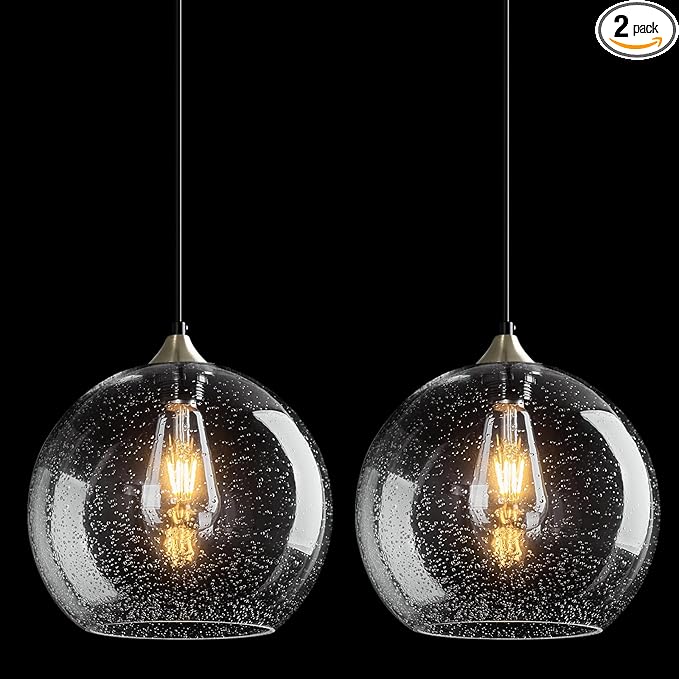 Clear Glass Pendant Lights Kitchen Island Lighting Globe Pendant Light Fixtures Modern Pendant Lighting for Kitchen Island Bedroom Living Dining Room Light Fixture(9.84in, 2-Pack)