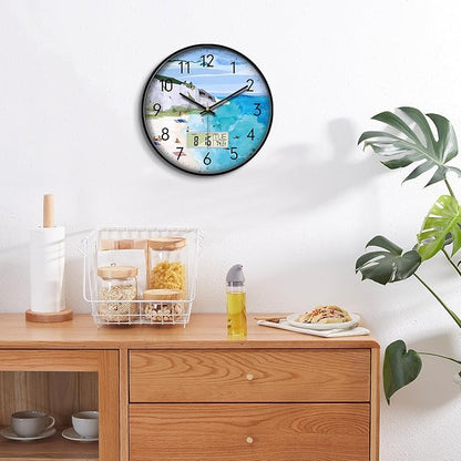 Silent Wall Clock with Temperature Day and Date Blue Mountain and Sea Beach Non-ticking Kitchen Clock Digital Large Display Battery Operated Clocks Decor for Bathroom Living Room Office 14 Inch