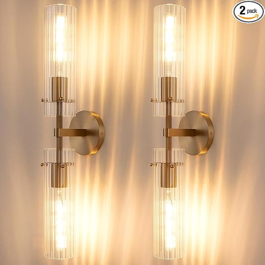 Brass Gold 2-Light Knurled Wall Sconce, Dual-Head Vanity Lamp Set of Two with Vertical Striped Glass Tube, Bathroom Wall Sconces, Wall Lights for Living Room Bedroom Hallway Kitchen Bathroom Mirror