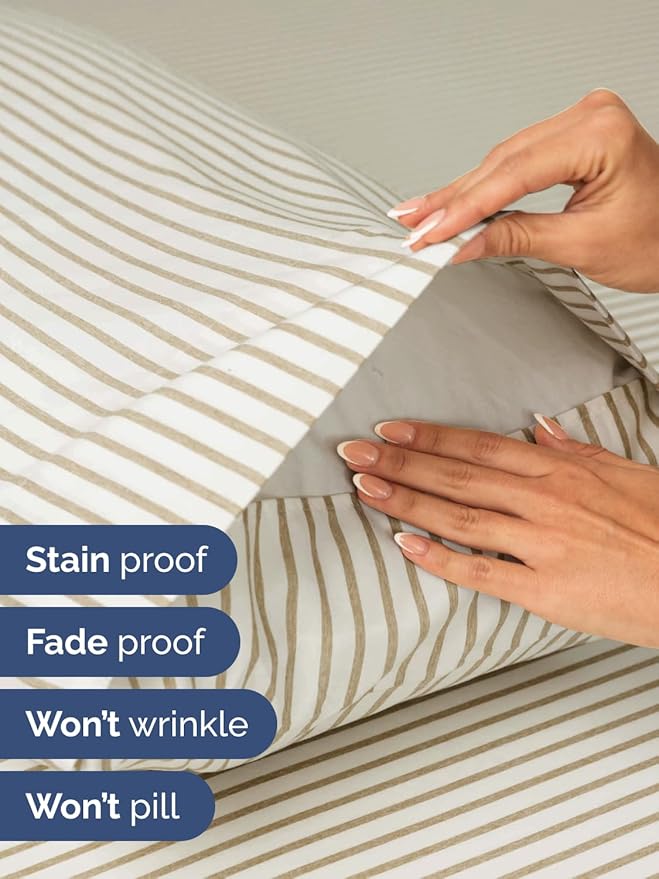 Extra Deep Queen Sheet Set - 6 Piece Breathable and Cooling Sheets - Hotel Luxury Bed Sheets Set - Easy Fit - Soft, Wrinkle Free and Comfy Sheets Set - Beige Striped Sheet Set with Extra Deep Pockets