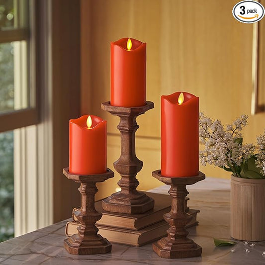 Matchless Candle Co. by Luminara Set of 3 (3" x 4.5",5.5",6.5") Flameless LED Flickering Battery Candle Moving Flame Pillar, Melted Edge, Real Wax Smooth Finish (Bright Red)