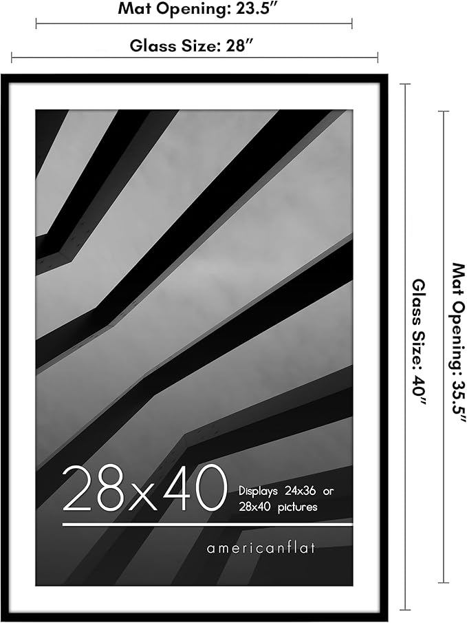 Americanflat 28x40 Poster Frame with Polished Plexiglass - Use as 24x36 Frame with Mat or Display 28x40 Photo Without Mat - Streamline Collection - Thin Border Picture Frames for Wall - Black