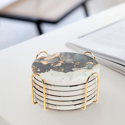Ceramic Absorbent Coasters Set of 6 with Holder, Marble Drink Coasters for Coffee Table, Water Absorbing Coaster (Twinkle)