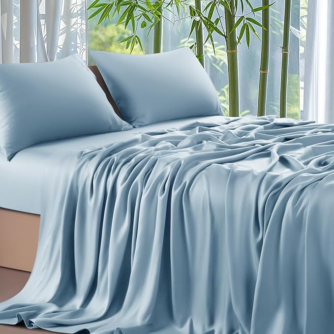 Shilucheng 100% Viscose Derived from Bamboo_ Sheets King Size 4pcs - Ultra Cooling & Silky Soft Bed Sheets, 16" Deep Pocket, Perfect for Hot Sleepers, Hotel Bedding Sheets (Teal Blue)