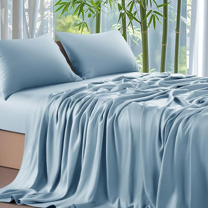 Shilucheng 100% Viscose Derived from Bamboo_ Sheets Queen Size 4pcs - Ultra Cooling & Silky Soft Bed Sheets, 16" Deep Pocket, Perfect for Hot Sleepers, Hotel Bedding Sheets (Teal Blue)
