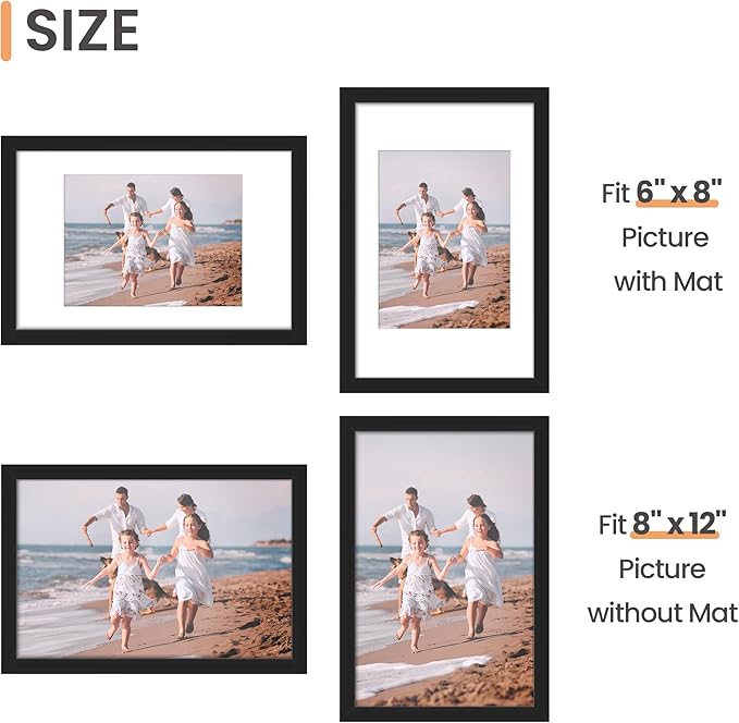 upsimples 8x12 Picture Frame Set of 5, Display Pictures 6x8 with Mat or 8 x 12 Without, Wall Gallery Photo Frames, Black