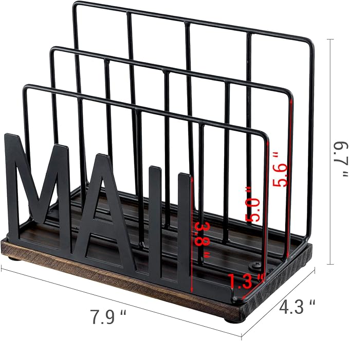 MyGift 3 Slot Industrial Matte Black Metal Wire Tabletop Mail Organizer with Burnt Wood Base – Modern Desktop Letter Sorter for Entryway, Office, or Home