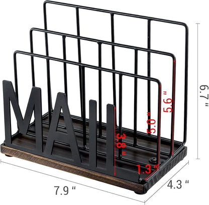 MyGift 3 Slot Industrial Matte Black Metal Wire Tabletop Mail Organizer with Burnt Wood Base – Modern Desktop Letter Sorter for Entryway, Office, or Home
