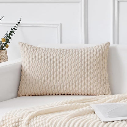 Kevin Textile 12x20 Inch Pillow Cover 1 Pack Boho Decorative Soft Striped Corduroy Lumbar Farmhouse Solid Color Accent Rectangle Cushion Case for Living Room Couch Sofa Bed, Cream White