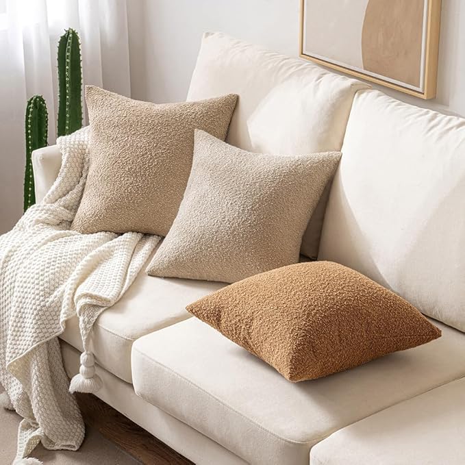 MIULEE 18x18 Inch Decorative Pillow Covers for Couch Bed Set of 2 Textured Boucle Neutral Winter Throw Pillows Khaki Accent Solid Cushion Pillowcases Sofa Livingroom Home Decor