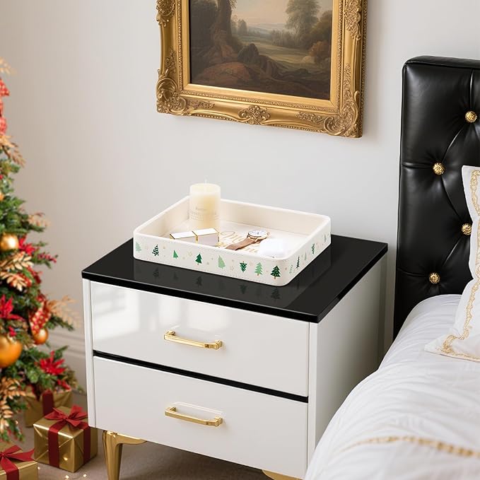 Desk Organizer Tray, PU Leather Valet Tray Nightstand Organizer Cologne Perfume Trays for Men Women, Decorative Vanity Trays Key Bowl Trinket Dish (Christmas Tree Pattern, 10" x 8" x 1.6")