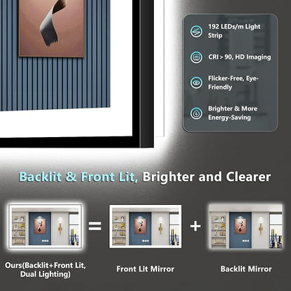 66x40 Black Framed LED Bathroom Mirror with Lights, Backlit and Front Lit, Anti-Fog Lighted Vanity Mirrors for Bathroom Wall, Dimmable, 3-Color Light, Memory, Shatter-Proof, HD Tempered Glass