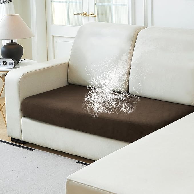 NAISI Waterproof Couch Cushion Covers Thick Velvet Fabric Washable Sofa Slipcovers 1 Piece Individual Sectional Couch Covers with Elastic Bottom(1 PC for 2-Seat Cushion or Loveseat,Caramel)