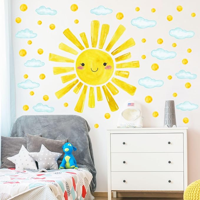 Watercolor Large Sun Wall Decals Cloud Polka Dots Wall Stickers for Kids Room, 12 Sheets Lovely Smile Sun Wall Decor Stickers Peel and Stick Wall Decorations Stickers for Bedroom Nursery
