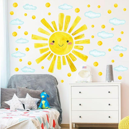 Watercolor Large Sun Wall Decals Cloud Polka Dots Wall Stickers for Kids Room, 12 Sheets Lovely Smile Sun Wall Decor Stickers Peel and Stick Wall Decorations Stickers for Bedroom Nursery