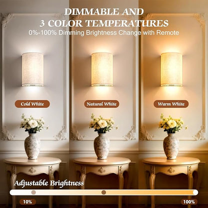 OCATO Battery Operated Wall Sconce: Wireless Wall Sconces Set of Two Magnetic Lamp Rechargeable Lights Dimmable with 16 RGB Colors Fabric Linen Shade with Remote Walls Decor for Bedroom Living Room