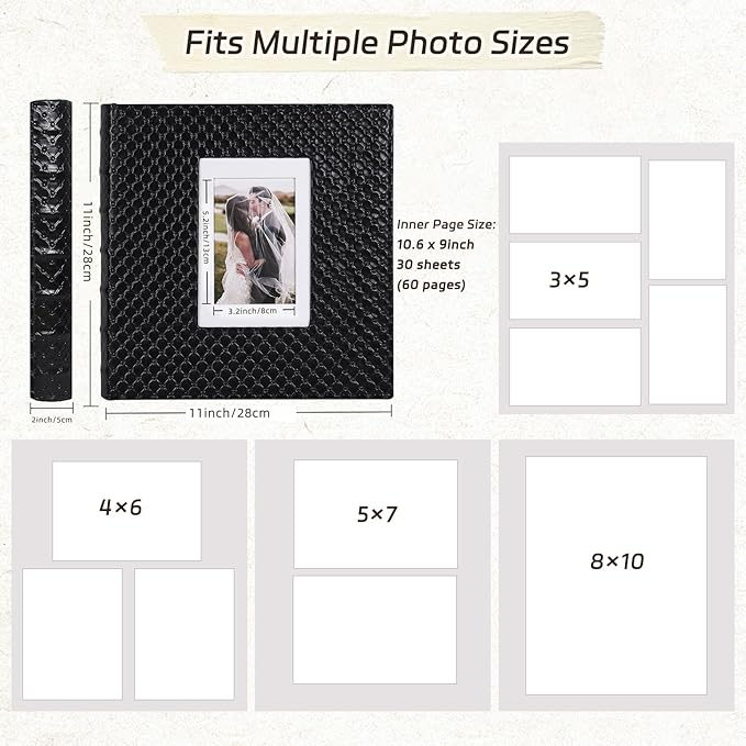 RECUTMS Photo Album Scrapbook 30 Pages for 4x6 5x7 8x10 Photos Size DIY Self Adhesive Pages Button Grain Leather Picture Album Baby Family Wedding Anniversary Picture Book (Black)
