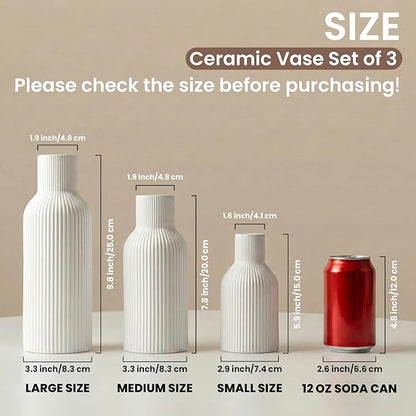 White Ceramic Vases Set of 3 - Modern Matte Ribbed Vases for Pampas Grass & Dried Flowers - Minimalist Decorative Centerpieces for Living Room, Shelf, Entryway & Wedding (Not for Water)