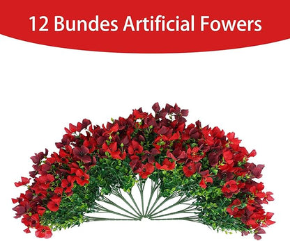 Artificial Faux Plants Flowers Outdoor Spring Summer Decoration, 12 Bundles Fake Silk Colorful Daisy Eucalyptus Realistic UV Resistant for Outside Home Planter Porch Patio Yard Decor (Red Brown)