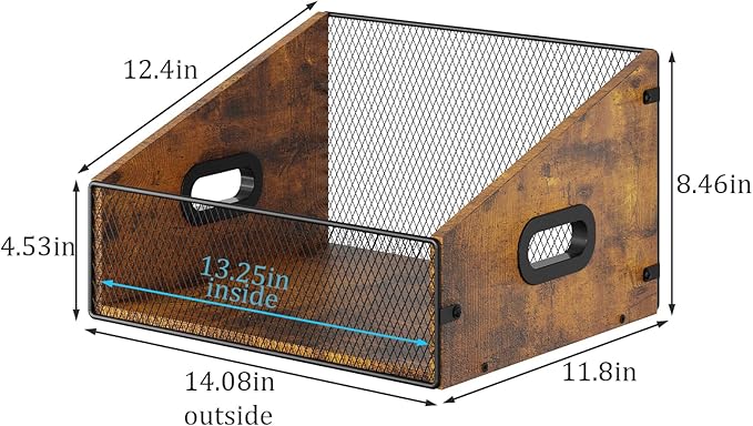Vinyl Record Storage Holder, Trapezoidal LP Vinyl Record Crate with Handle, Wood & Metal Album Storage Desktop Organizer Box for Books Files, Rustic Brown