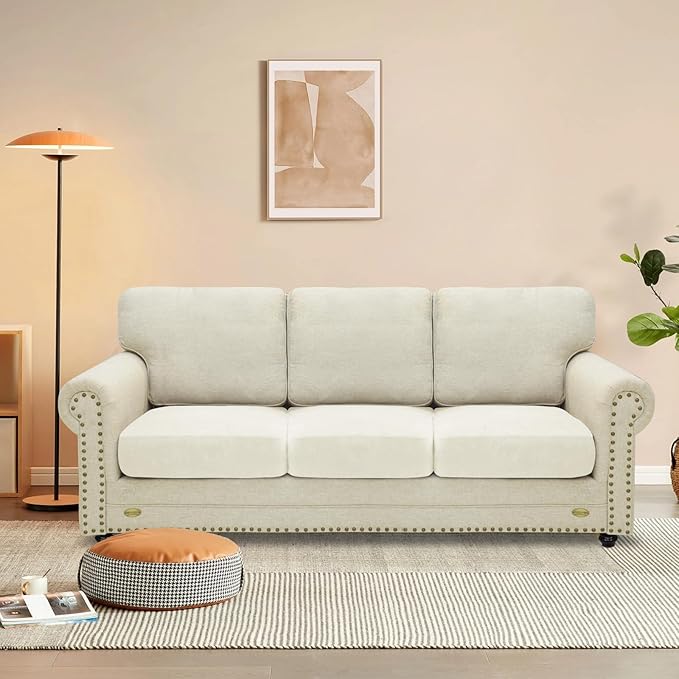 MAXIJIN Velvet Stretch Cushion Covers Fitted Couch Cushion Slipcovers Sofa Seat Cushion Covers for Individual Cushions with Elastic Bottom (3 Piece Sofa Seat Slipcovers, Beige)