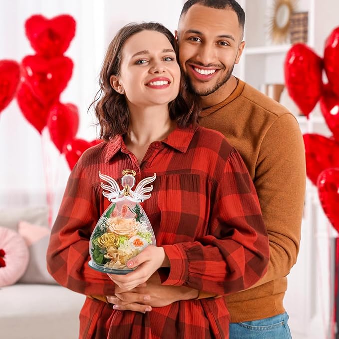 Gifts for Mom Birthday Gifts for Women Preserved Rose Forever Flower in Glass Angel Figurines Fresh Flowers for Delivery Mothers Day Anniversary Real Colorful Roses for Grandma Her Wife from Daughter