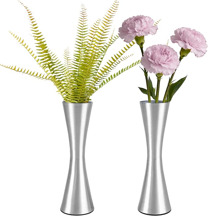 Vixdonos 6.7 inch Brass-Toned Metal Vase Small Flower Vase Set of 2 Modern Decorative Vase for Home Decor, Wedding or Gift(Silver)