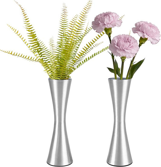 Vixdonos 6.7 inch Brass-Toned Metal Vase Small Flower Vase Set of 2 Modern Decorative Vase for Home Decor, Wedding or Gift(Silver)
