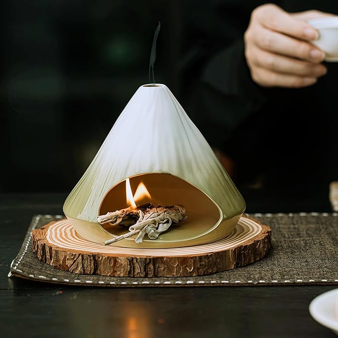 Handmade Ceramic Palo Santo Holder Burner & Sage Holder - Mini Tabletop Chiminea Burner Tray with Ash Catcher, Decorative Incense Holder for Spiritual Meditation & Yoga